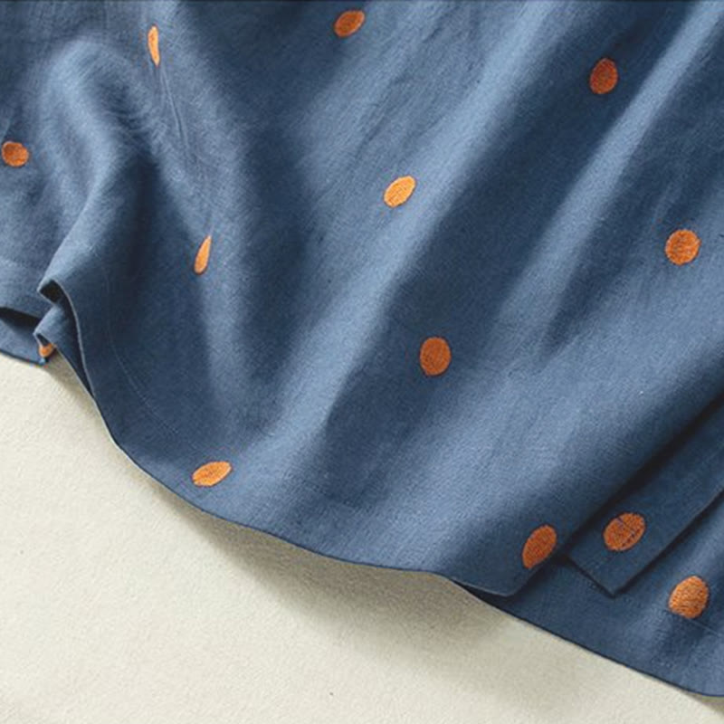 Casual Dot Pattern Short Sleeve Lace-up Cotton Linen Women's Midi Dress With Pockets