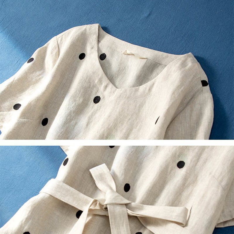 Casual Dot Pattern Short Sleeve Lace-up Cotton Linen Women's Midi Dress With Pockets