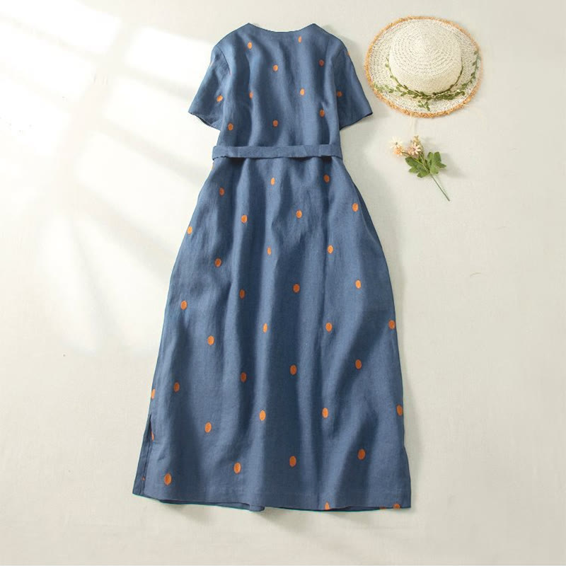 Casual Dot Pattern Short Sleeve Lace-up Cotton Linen Women's Midi Dress With Pockets