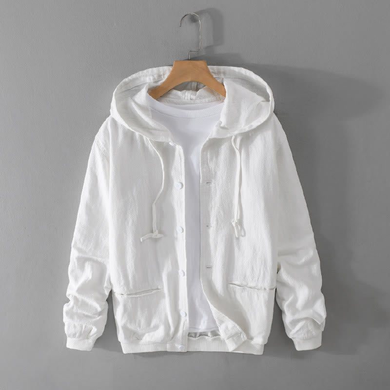 Ribbed Hem Design Hoodie Long Sleeve Men's Cotton Linen Jacket Shirt With Pockets