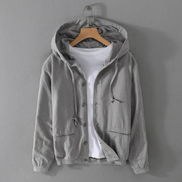 Ribbed Hem Design Hoodie Long Sleeve Men's Cotton Linen Jacket Shirt With Pockets