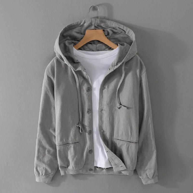 Ribbed Hem Design Hoodie Long Sleeve Men's Cotton Linen Jacket Shirt With Pockets