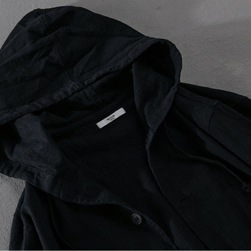 Ribbed Hem Design Hoodie Long Sleeve Men's Cotton Linen Jacket Shirt With Pockets