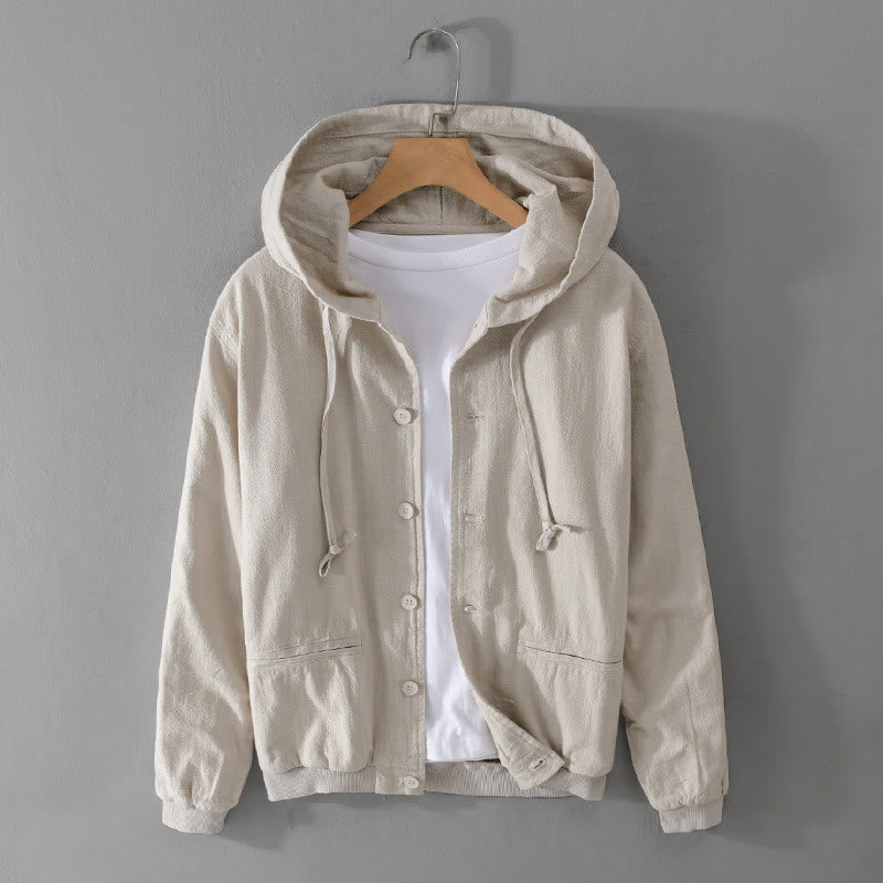Ribbed Hem Design Hoodie Long Sleeve Men's Cotton Linen Jacket Shirt With Pockets