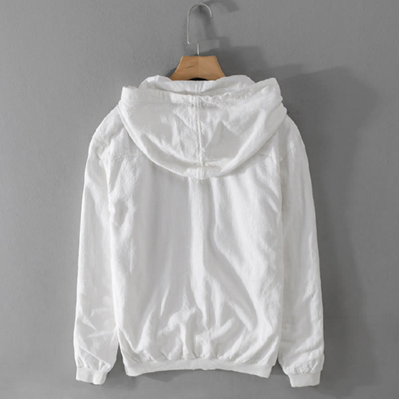 Ribbed Hem Design Hoodie Long Sleeve Men's Cotton Linen Jacket Shirt With Pockets