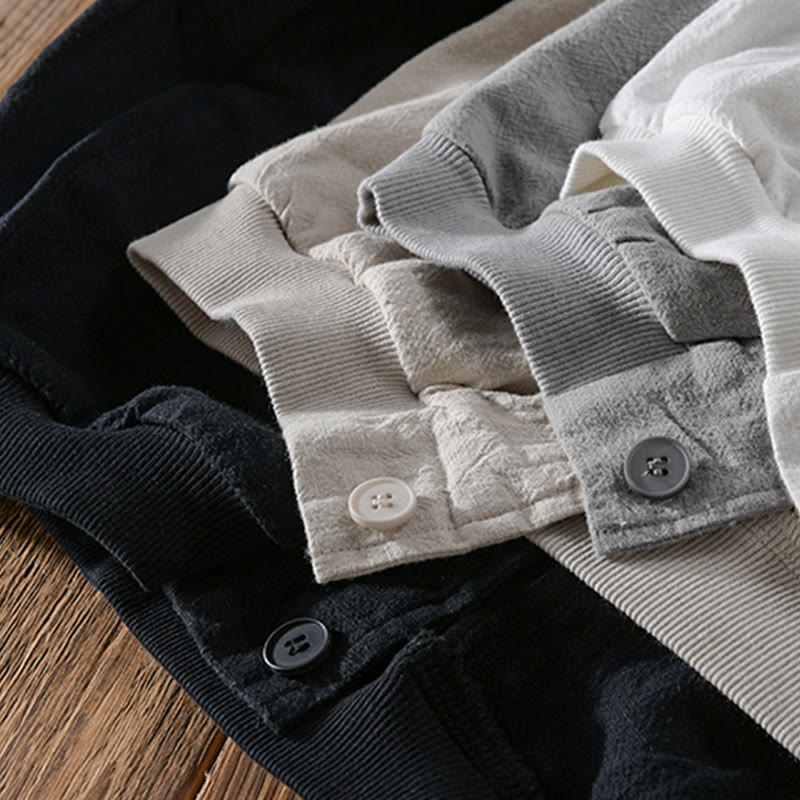 Ribbed Hem Design Hoodie Long Sleeve Men's Cotton Linen Jacket Shirt With Pockets
