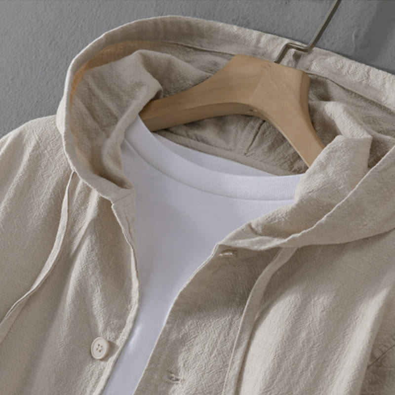 Ribbed Hem Design Hoodie Long Sleeve Men's Cotton Linen Jacket Shirt With Pockets