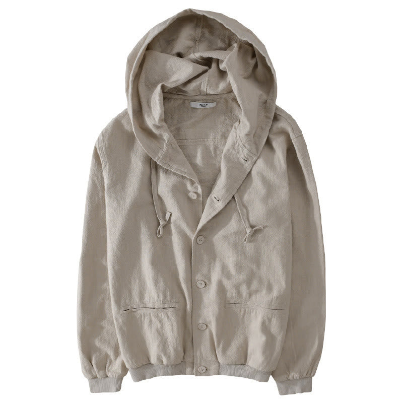 Ribbed Hem Design Hoodie Long Sleeve Men's Cotton Linen Jacket Shirt With Pockets