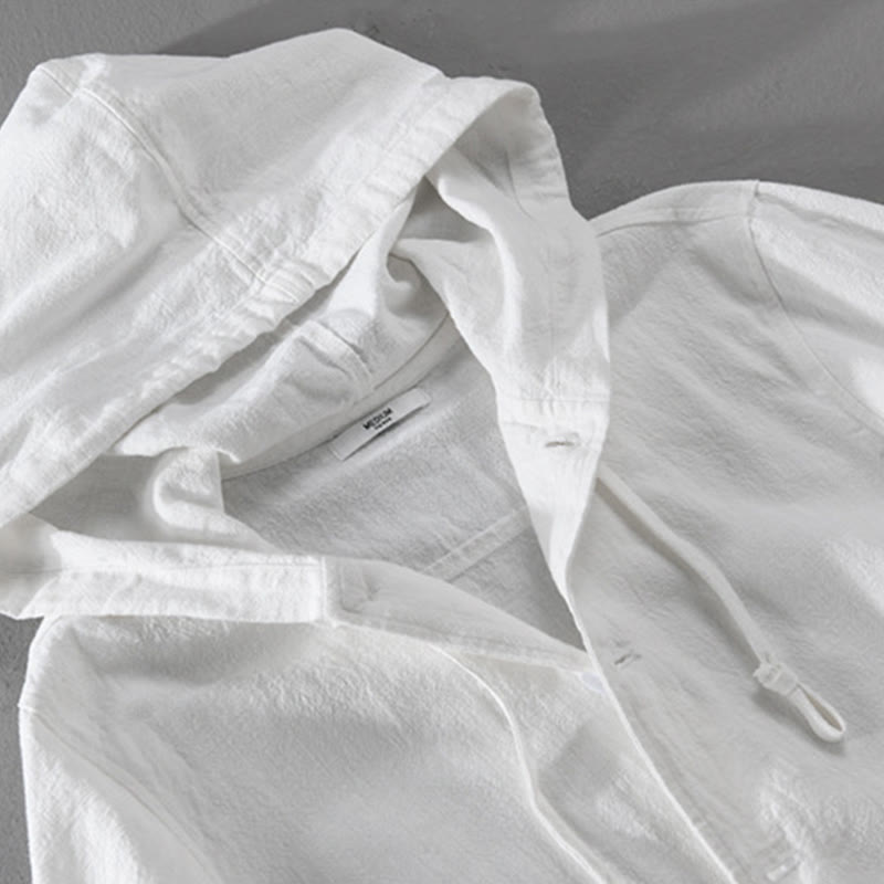 Ribbed Hem Design Hoodie Long Sleeve Men's Cotton Linen Jacket Shirt With Pockets