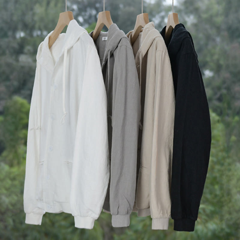 Ribbed Hem Design Hoodie Long Sleeve Men's Cotton Linen Jacket Shirt With Pockets