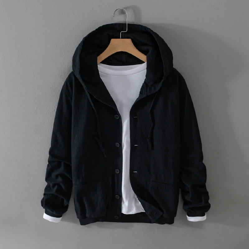 Ribbed Hem Design Hoodie Long Sleeve Men's Cotton Linen Jacket Shirt With Pockets
