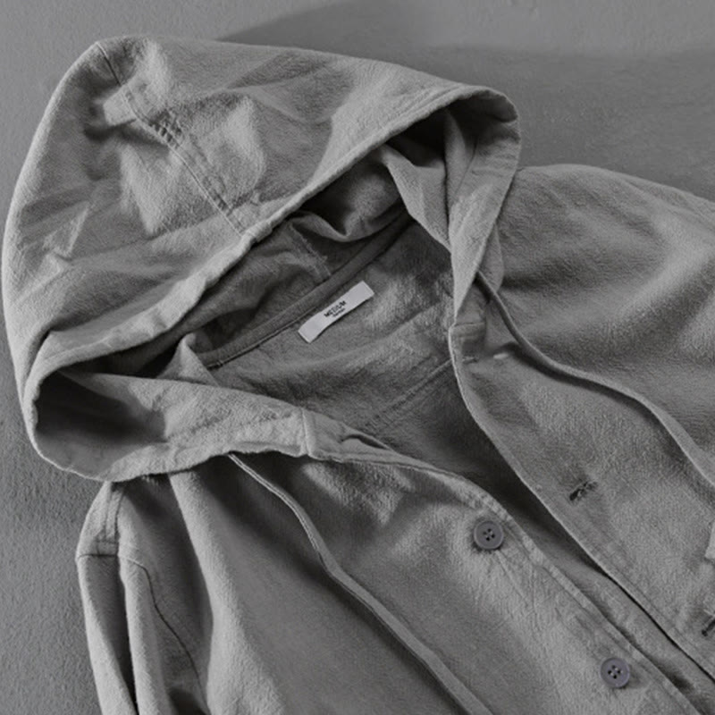 Ribbed Hem Design Hoodie Long Sleeve Men's Cotton Linen Jacket Shirt With Pockets