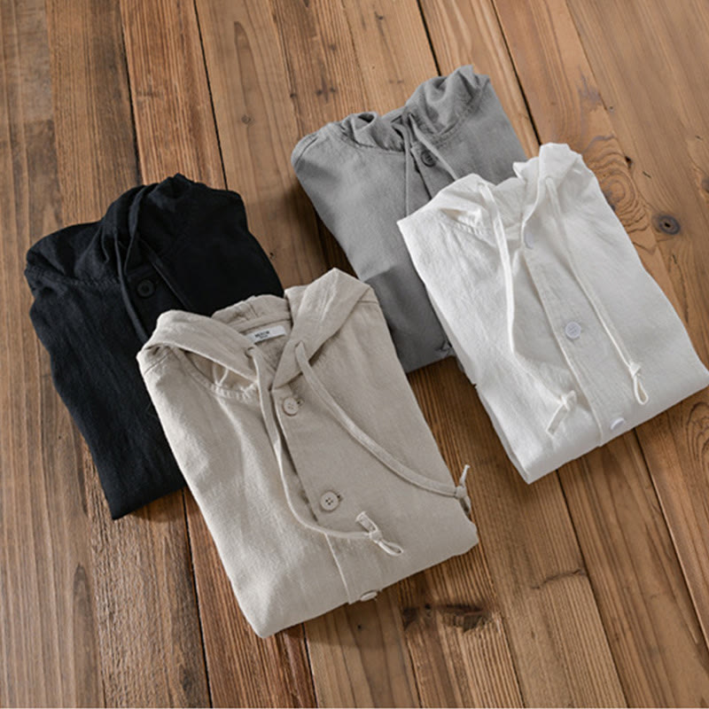 Ribbed Hem Design Hoodie Long Sleeve Men's Cotton Linen Jacket Shirt With Pockets