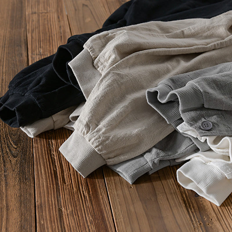Ribbed Hem Design Hoodie Long Sleeve Men's Cotton Linen Jacket Shirt With Pockets