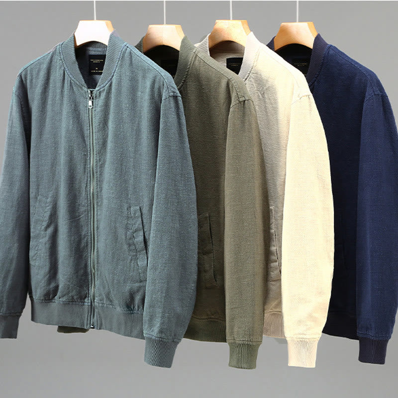 Winter Zipper Design Stand Collar Men's Cotton Linen Long Sleeve Jacket With Pockets