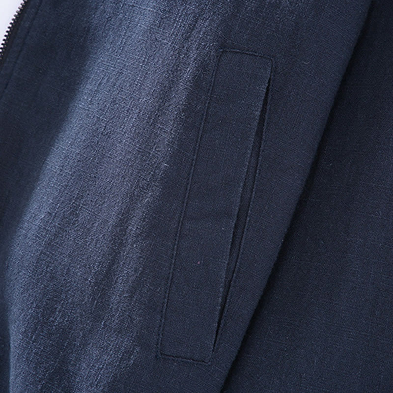 Winter Zipper Design Stand Collar Men's Cotton Linen Long Sleeve Jacket With Pockets