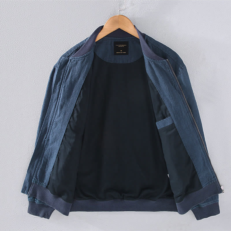 Winter Zipper Design Stand Collar Men's Cotton Linen Long Sleeve Jacket With Pockets