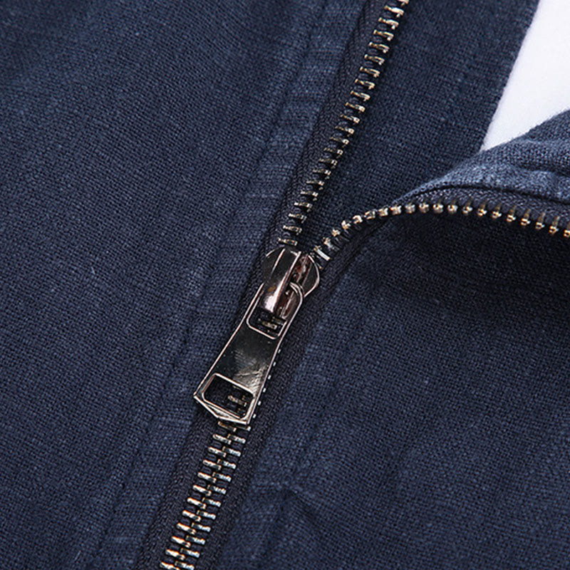 Winter Zipper Design Stand Collar Men's Cotton Linen Long Sleeve Jacket With Pockets