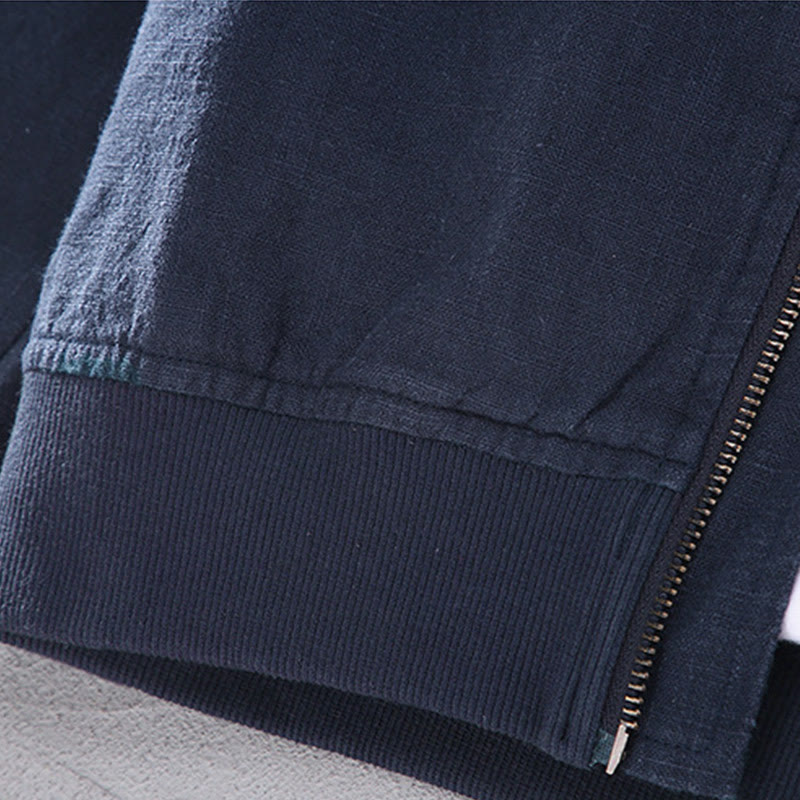 Winter Zipper Design Stand Collar Men's Cotton Linen Long Sleeve Jacket With Pockets