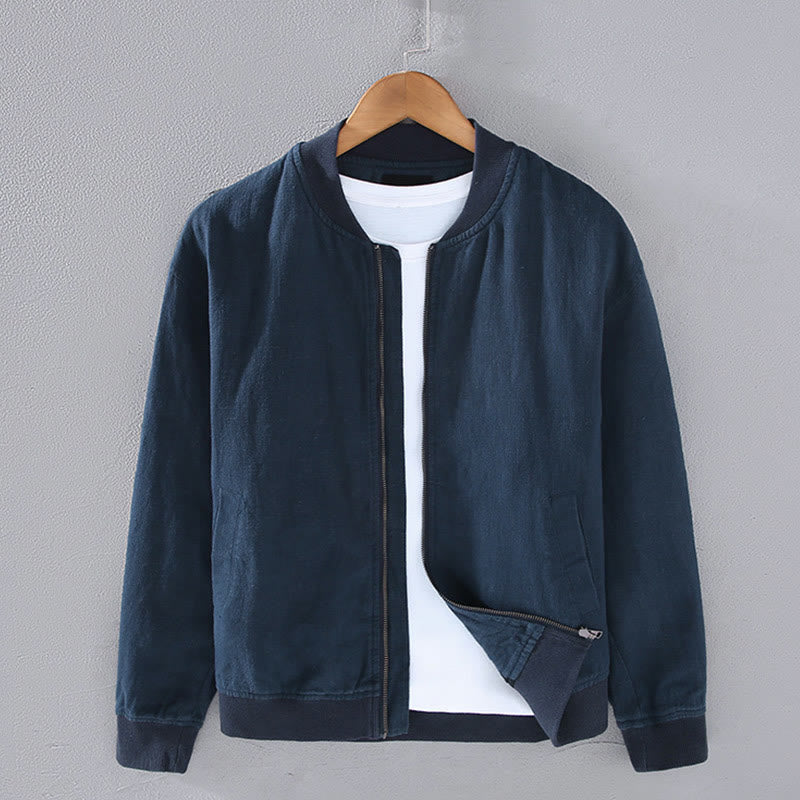 Winter Zipper Design Stand Collar Men's Cotton Linen Long Sleeve Jacket With Pockets