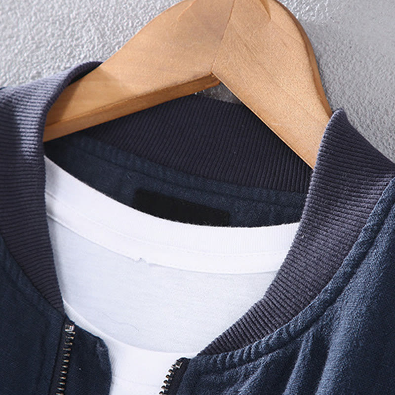 Winter Zipper Design Stand Collar Men's Cotton Linen Long Sleeve Jacket With Pockets