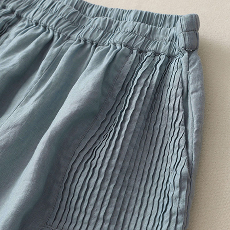 Casual Plain Tucker Pleats Elastic Women's Polyester Wide Leg Pants With Pockets