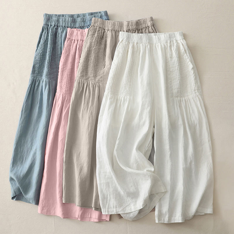 Casual Plain Tucker Pleats Elastic Women's Polyester Wide Leg Pants With Pockets