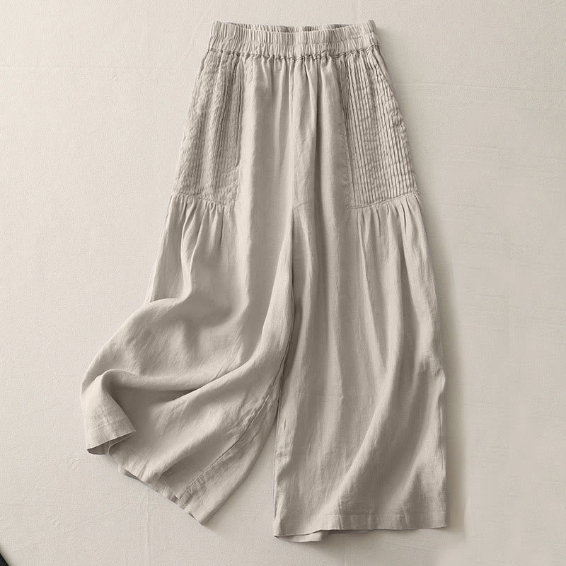 Casual Plain Tucker Pleats Elastic Women's Polyester Wide Leg Pants With Pockets