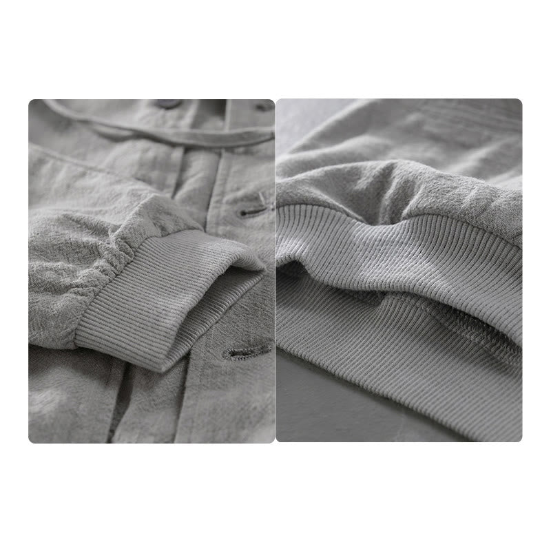 Ribbed Hem Design Hoodie Long Sleeve Men's Cotton Linen Jacket Shirt With Pockets