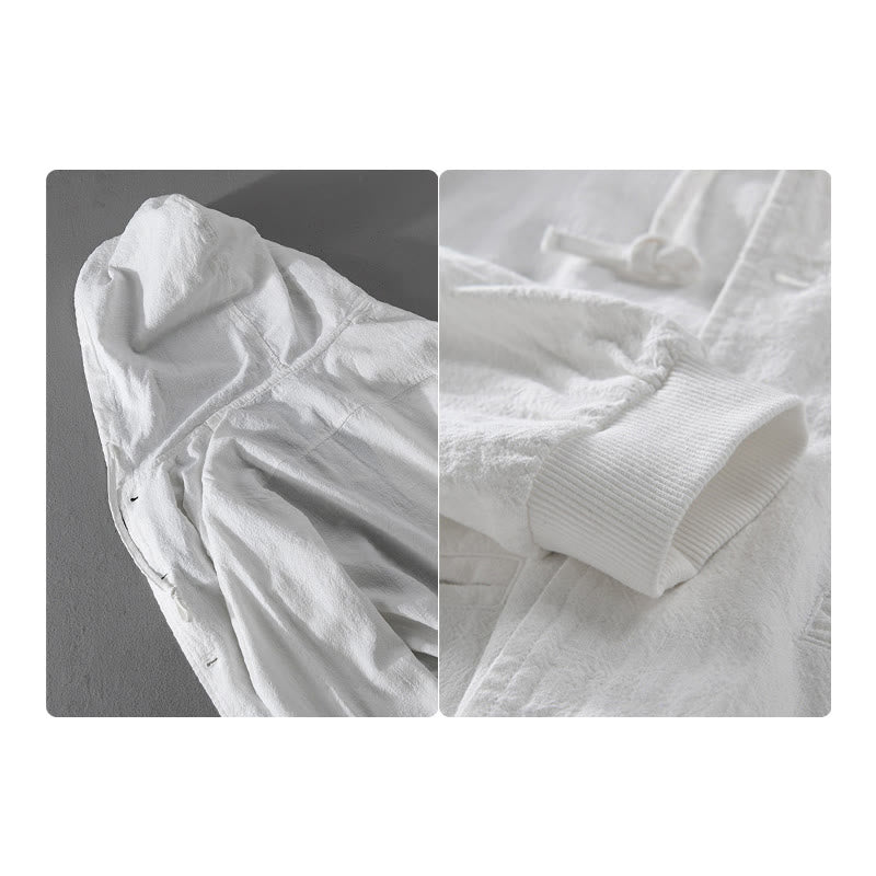 Ribbed Hem Design Hoodie Long Sleeve Men's Cotton Linen Jacket Shirt With Pockets
