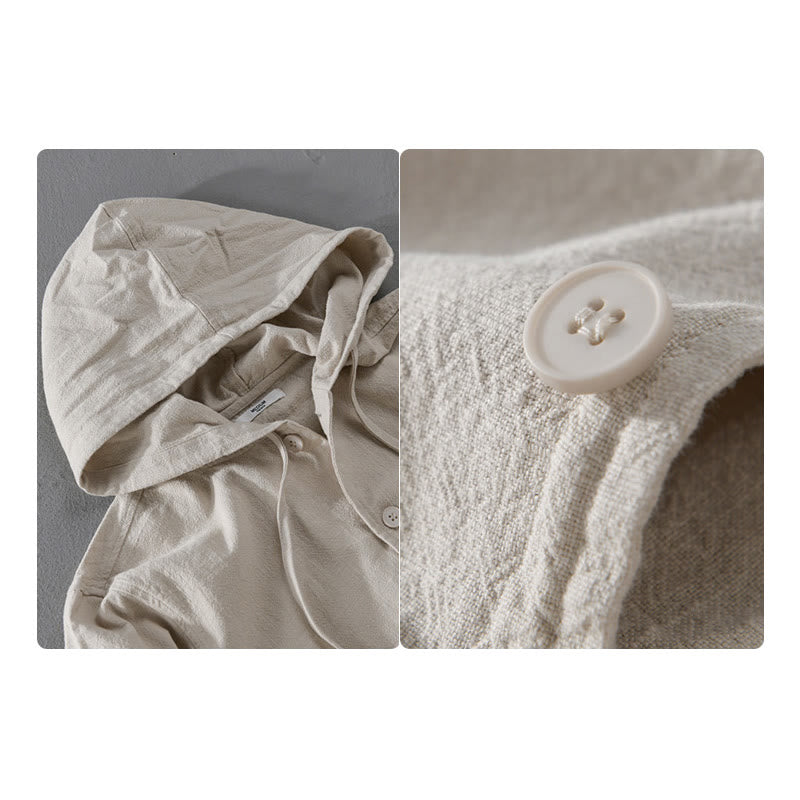 Ribbed Hem Design Hoodie Long Sleeve Men's Cotton Linen Jacket Shirt With Pockets