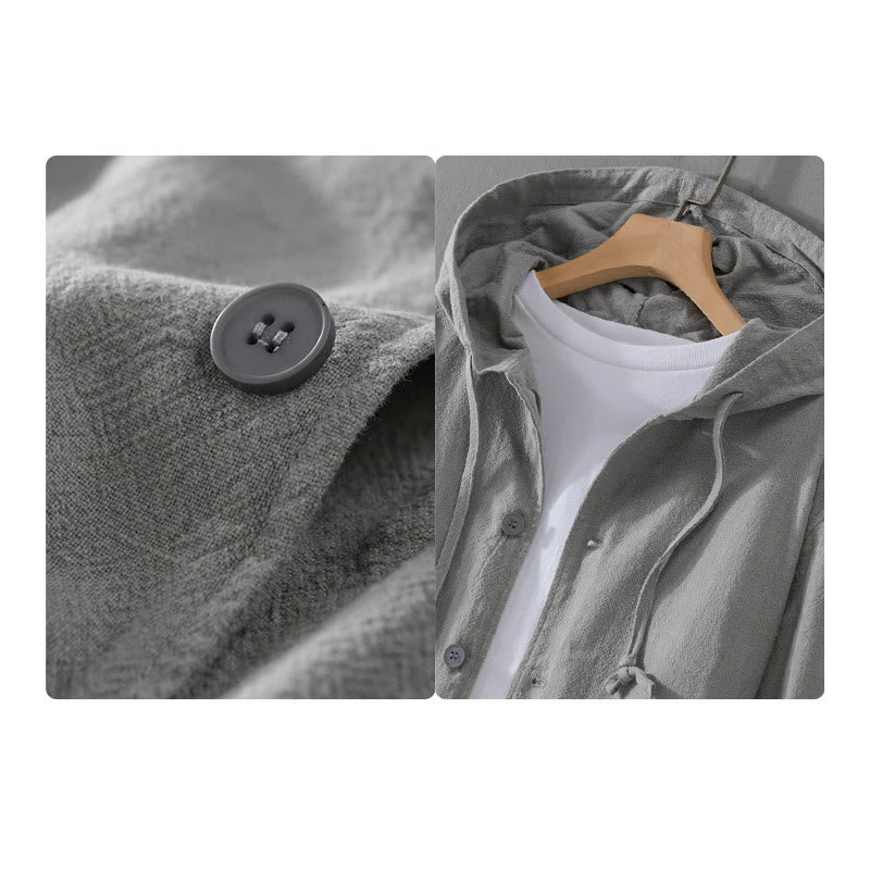 Ribbed Hem Design Hoodie Long Sleeve Men's Cotton Linen Jacket Shirt With Pockets