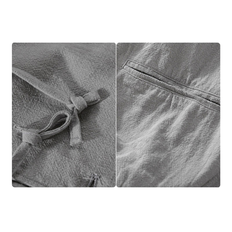 Ribbed Hem Design Hoodie Long Sleeve Men's Cotton Linen Jacket Shirt With Pockets