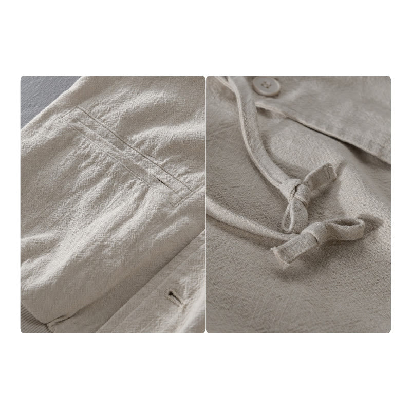 Ribbed Hem Design Hoodie Long Sleeve Men's Cotton Linen Jacket Shirt With Pockets