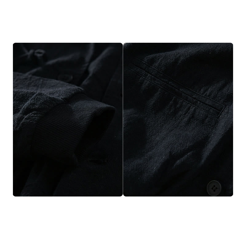 Ribbed Hem Design Hoodie Long Sleeve Men's Cotton Linen Jacket Shirt With Pockets