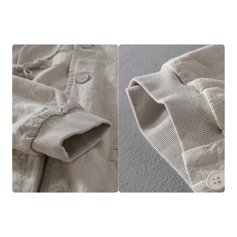 Ribbed Hem Design Hoodie Long Sleeve Men's Cotton Linen Jacket Shirt With Pockets