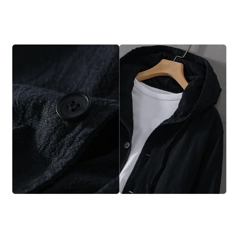 Ribbed Hem Design Hoodie Long Sleeve Men's Cotton Linen Jacket Shirt With Pockets