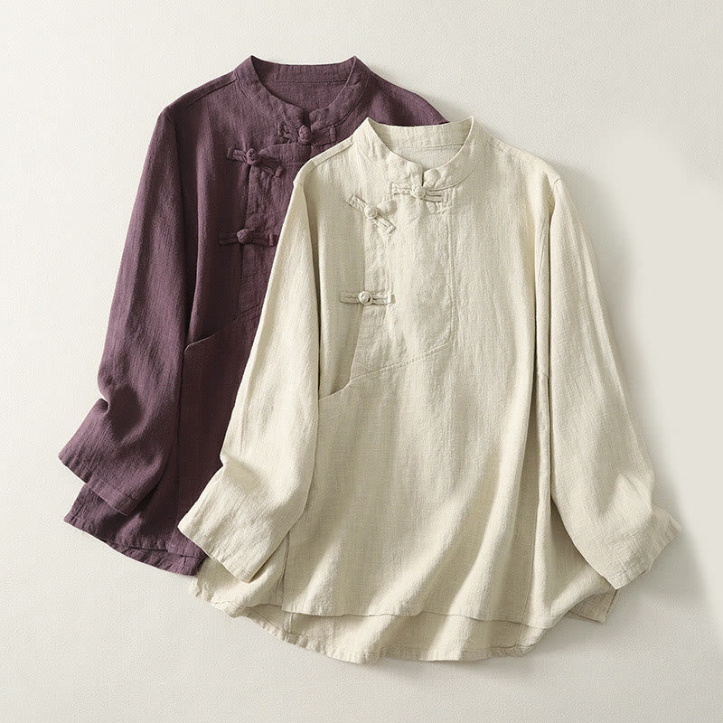 Cotton-Blend Frog-Button Stand-Collar Meditation Shirt