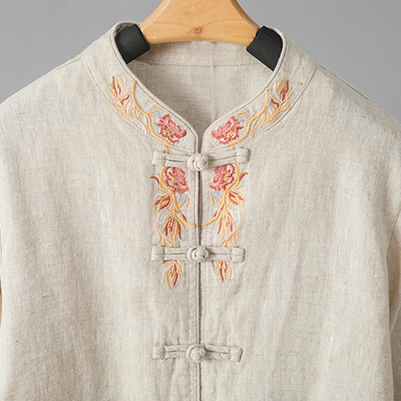 Embroidered Floral Cotton-Blend Long Sleeve Stand-Collar Meditation Shirt