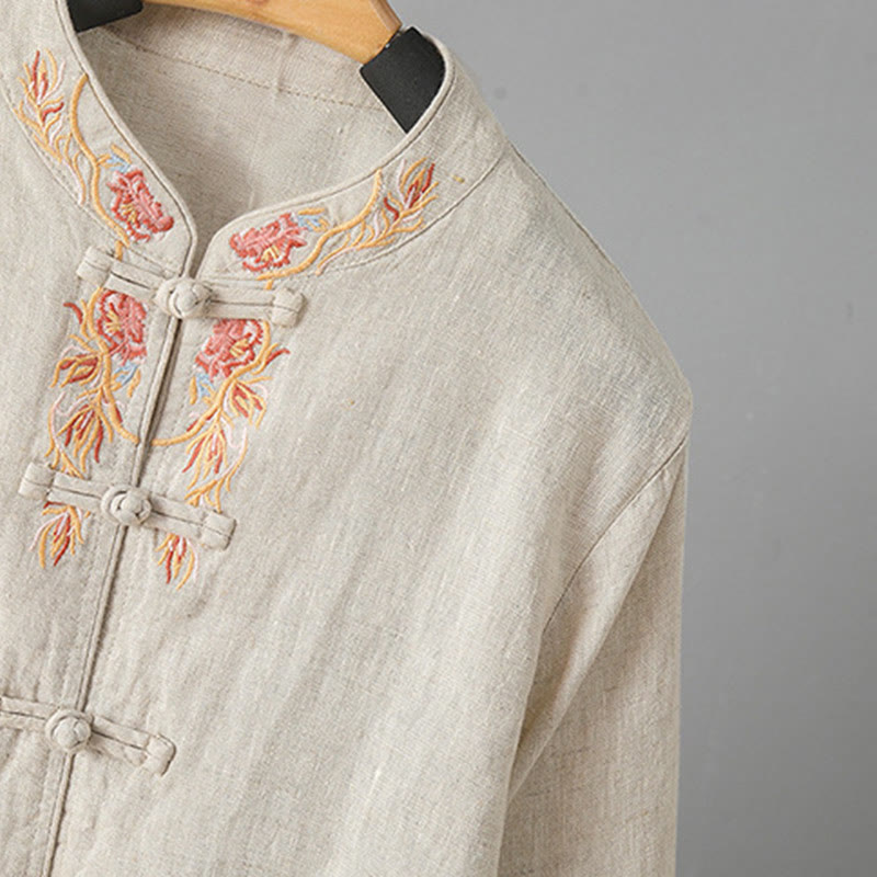 Embroidered Floral Cotton-Blend Long Sleeve Stand-Collar Meditation Shirt