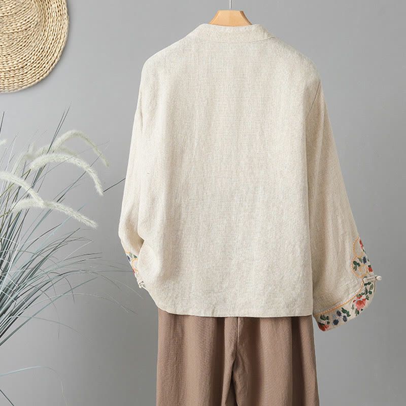 Embroidered Floral Cotton-Blend Long Sleeve Stand-Collar Meditation Shirt