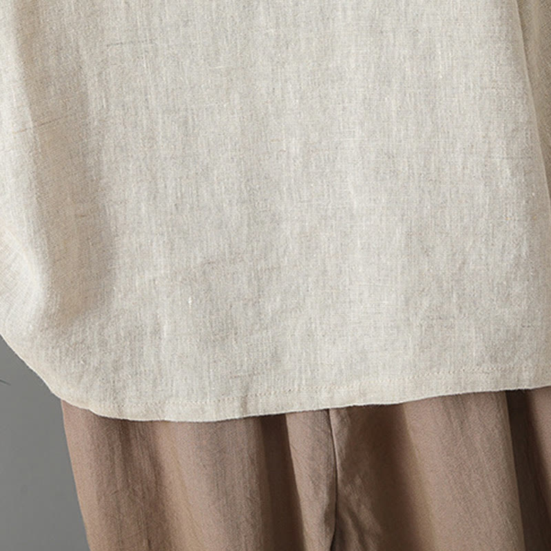 Embroidered Floral Cotton-Blend Long Sleeve Stand-Collar Meditation Shirt