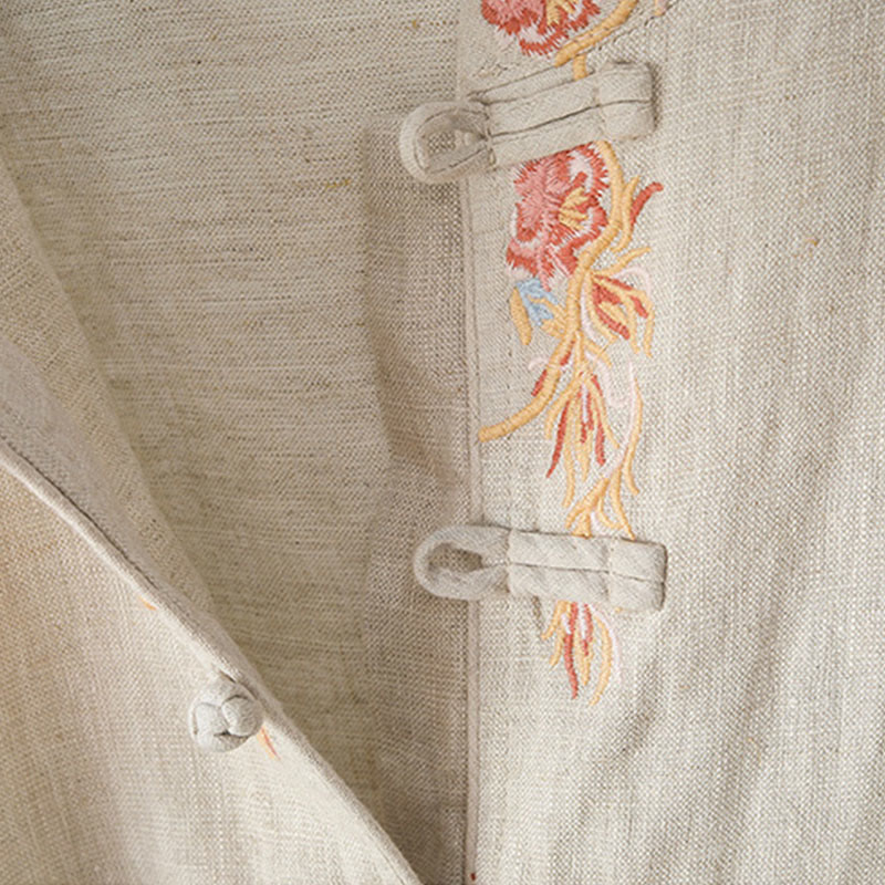 Embroidered Floral Cotton-Blend Long Sleeve Stand-Collar Meditation Shirt