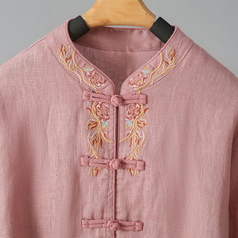 Embroidered Floral Cotton-Blend Long Sleeve Stand-Collar Meditation Shirt
