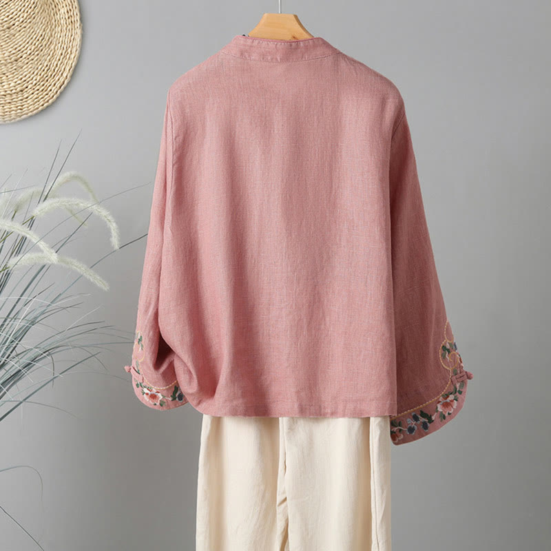 Embroidered Floral Cotton-Blend Long Sleeve Stand-Collar Meditation Shirt