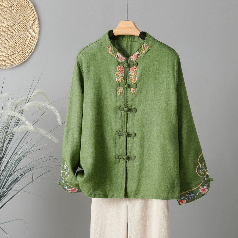 Embroidered Floral Cotton-Blend Long Sleeve Stand-Collar Meditation Shirt