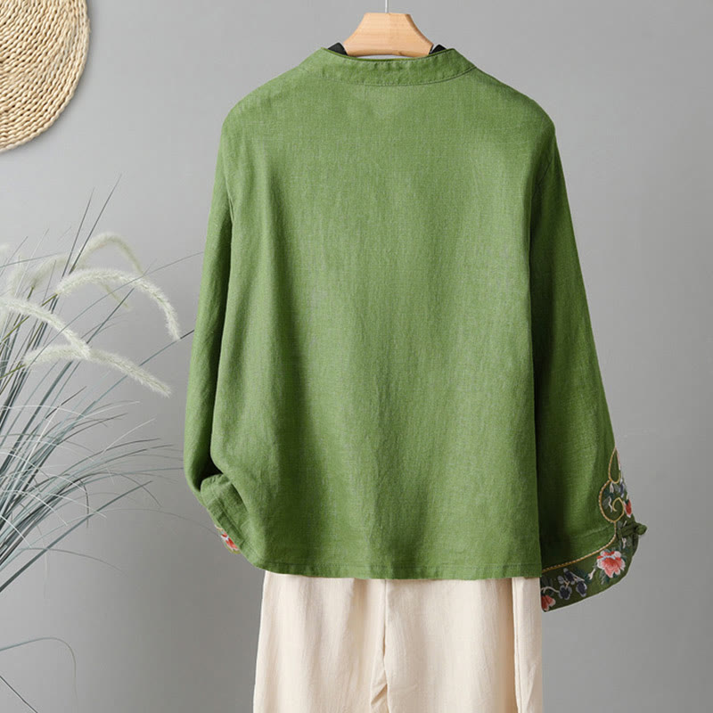 Embroidered Floral Cotton-Blend Long Sleeve Stand-Collar Meditation Shirt