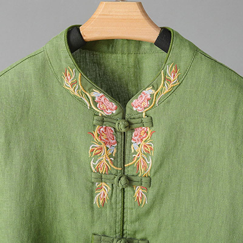 Embroidered Floral Cotton-Blend Long Sleeve Stand-Collar Meditation Shirt