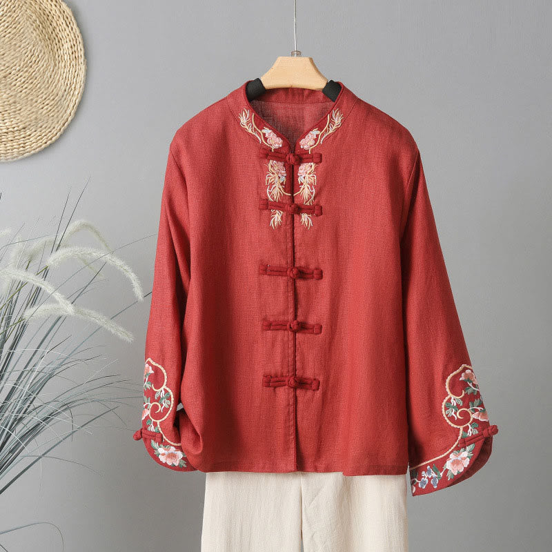 Embroidered Floral Cotton-Blend Long Sleeve Stand-Collar Meditation Shirt