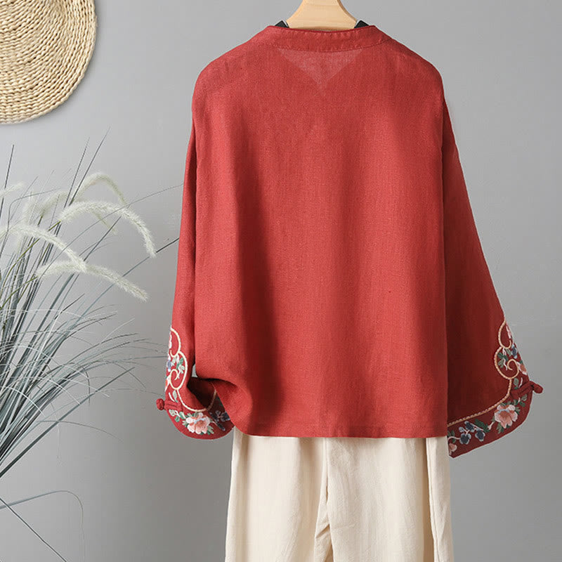 Embroidered Floral Cotton-Blend Long Sleeve Stand-Collar Meditation Shirt
